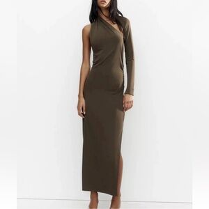 Zara Olive One-Shoulder Asymmetric Maxi Dress
